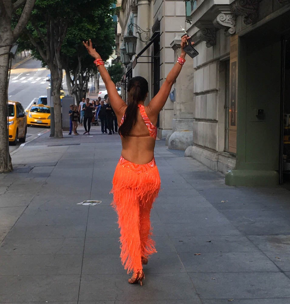 Esmeralda Gallemore orange dress in street 1112