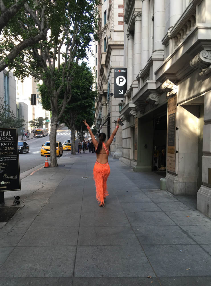 Esmeralda Gallemore orange dress on street 6118